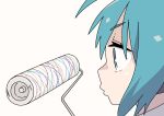  1girl aqua_eyes aqua_hair blonde_hair blue_hair brown_hair close-up from_side hatsune_miku highres icon_315 lint_roller looking_at_object pink_hair portrait severed_hair solo vocaloid 