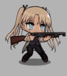  1girl aiming blonde_hair chibi dark_skin girls_frontline gun gunslinger_girl handgun lowres official_art shotgun smile solo triela twintails weapon 