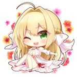  1girl ;d ahoge bangs bare_shoulders bikini blonde_hair blush braid breasts chibi cleavage commentary_request criss-cross_halter eyebrows_visible_through_hair fate/grand_order fate_(series) floral_background flower green_eyes hair_between_eyes hair_intakes halterneck knees_together_feet_apart knees_up large_breasts long_hair long_sleeves nero_claudius_(fate)_(all) nero_claudius_(swimsuit_caster)_(fate) one_eye_closed open_mouth outstretched_arm puffy_long_sleeves puffy_sleeves purple_flower red_flower red_footwear shoulder_cutout side-tie_bikini simple_background sitting smile solo striped striped_bikini swimsuit upper_teeth very_long_hair white_background white_flower yukiyuki_441 