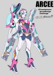  1girl absurdres arcee artist_name autobot blue_eyes character_name dated english_commentary grey_background gun highres holding holding_gun holding_weapon kamizono_(spookyhouse) looking_at_viewer looking_down no_humans redesign standing transformers weapon 