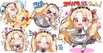  &gt;_&lt; /\/\/\ 1girl :t absurdres black_neckwear blonde_hair blush bowl brooch brown_footwear chibi closed_eyes closed_mouth collared_shirt colored_shadow dress earrings eating ereshkigal_(fate/grand_order) fate/grand_order fate_(series) food grey_dress hair_ribbon hand_on_own_cheek heart highres holding holding_bowl holding_tray infinity jako_(jakoo21) jewelry long_hair mixing_bowl multiple_views notice_lines open_mouth pancake plaid plaid_dress plate puffy_short_sleeves puffy_sleeves red_ribbon ribbon shadow shirt short_sleeves sleeping sleeveless sleeveless_dress sparkle spatula standing standing_on_one_leg thighhighs tiara translation_request tray two_side_up very_long_hair wavy_mouth white_background white_legwear white_shirt zzz 