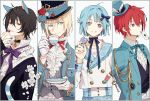  4boys ace_of_spades ahoge alice_(wonderland) alice_(wonderland)_(cosplay) animal_ear_fluff animal_ears aqua_eyes aqua_hair aqua_headwear aqua_jacket aqua_neckwear bangs black_vest blazer blue_eyes blue_jacket blue_neckwear blunt_bangs blush border brown_hair buttons cardigan cat_ears cat_tail character_request cheshire_cat cheshire_cat_(cosplay) collar collarbone cookie cosplay crop_top cuff_links cup diamond_(shape) disconnected_mouth dog_collar dress_shirt drink_me drink_me_potion eat_me ensemble_stars! eyebrows_visible_through_hair finger_licking flower food frilled_collar frills gloves grey_vest hair_between_eyes hand_up hat hat_flower hat_ribbon holding holding_cup jacket key licking looking_at_viewer looking_to_the_side mad_hatter mad_hatter_(cosplay) mini_hat mini_top_hat multiple_boys neck_ribbon open_cardigan open_clothes outside_border plaid platinum_blonde_hair pocket_watch popped_collar potion purple_cardigan purple_eyes purple_nails purple_neckwear red_eyes red_hair red_neckwear ribbon rose shirt short_hair simple_background sleeves_past_wrists smile striped striped_neckwear striped_shirt striped_vest symbol_commentary tail teacup tenshouin_eichi tongue tongue_out top_hat upper_body vest watch white_border white_flower white_gloves white_rabbit white_rabbit_(cosplay) white_rose white_shirt wing_collar zangyaacco 
