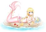  beach bikini_top blonde_hair blue_eyes breasts cleavage kuma_9180 long_hair mermaid original tail water 