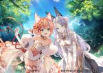 2girls animal_ears bangs bare_shoulders bell bell_choker bent_over boots braid breasts cat_ears cat_girl cat_tail choker cloud cloudy_sky collarbone commentary_request crown_removed day dress eyebrows_visible_through_hair flower forest fox_ears fox_girl fox_tail french_braid gloves grey_eyes hair_between_eyes hair_flower hair_ornament hands_on_own_knees long_hair looking_at_viewer medium_breasts multiple_girls nature open_mouth outdoors parted_bangs pink_hair red_pride_of_eden shinia short_hair short_sleeves showgirl_skirt sidelocks silver_hair single_braid sky sleeveless sleeveless_dress strapless strapless_dress tail thigh_boots thighhighs tree white_dress white_gloves yellow_eyes 