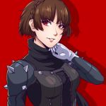  1girl absurdres blueriest blush braid brown_hair crown_braid gloves highres lips looking_at_viewer medium_hair niijima_makoto persona persona_5 persona_5_the_royal red_background red_eyes simple_background solo 