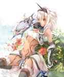  1girl :o absurdres bangs bare_shoulders body_markings breasts commentary_request cowboy_shot elbow_gloves eyebrows_behind_hair facial_mark flower fur fur_trim gloves groin hair_between_eyes hairband hand_on_own_face highres holding holding_sword holding_weapon horns kirin_(armor) loincloth looking_at_viewer mane midriff monster_hunter navel open_clothes open_vest parted_lips plant red_eyes sazanka shield sidelocks single_horn skindentation small_breasts solo strapless sword taut_clothes thighhighs tubetop vest weapon white_background white_hair white_tubetop 