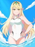  1girl bare_arms blonde_hair breasts chobi0521 choker covered_navel cowboy_shot day from_below hand_on_hip hikari_(xenoblade_2) medium_breasts one-piece_swimsuit outdoors sky solo swimsuit tiara white_choker white_swimsuit xenoblade_(series) xenoblade_2 yellow_eyes 