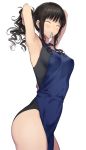  1girl ^_^ amagami apron armpits arms_up bangs bare_arms bare_shoulders black_hair black_swimsuit blue_apron breasts closed_eyes closed_mouth commentary_request competition_swimsuit cowboy_shot drill_hair eyebrows_visible_through_hair facing_viewer hair_tie medium_breasts morishima_haruka mouth_hold nozomi-y one-piece_swimsuit ponytail sidelocks simple_background smile solo swimsuit thighs tying_hair white_background 