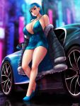  1girl bangs bare_shoulders blue_dress blue_footwear blue_hair breasts car cleavage coat coat_removed dress earrings erkaz full_body fur_collar fur_trim ground_vehicle halter_dress high_heels highres jewelry long_hair motor_vehicle necklace off_shoulder original outdoors parted_lips plunging_neckline red_eyes revealing_clothes rina_atherina short_dress st._louis_(luxurious_wheels)_(azur_lane) standing thighs 