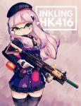  1girl allen_(makaroll) assault_rifle bangs beret blunt_bangs buckle character_name commentary cowboy_shot diamond_(symbol) eyebrows_behind_hair facial_tattoo foregrip girls_frontline gloves green_eyes gun h&amp;k_hk416 hair_ornament hat hk416_(girls_frontline) holding holding_gun holding_weapon inkling jacket laser_sight long_hair looking_at_viewer miniskirt paintball parted_lips pink_background plaid plaid_skirt purple_headwear purple_jacket purple_legwear purple_skirt rifle sidelocks silver_hair skirt solo splatoon_(series) standing tattoo tentacle_hair thigh_gap thighhighs trigger_discipline weapon white_gloves zettai_ryouiki 