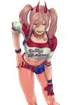  1girl belt bracelet breasts chainsaw_man cosplay crosshair_pupils demon_horns gloves hair_between_eyes harley_quinn harley_quinn_(cosplay) highres horns jacket jewelry large_breasts long_hair midriff multicolored multicolored_clothes multicolored_jacket multicolored_shorts navel open_mouth pink_hair power_(chainsaw_man) red_eyes red_horns sharp_teeth short_shorts shorts simple_background smile solo spiked_bracelet spikes studded_belt teeth tsuyuriyuihushimi twintails 