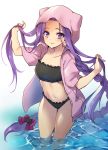  1girl alternate_costume bikini bikini_under_clothes black_bikini blush bow braid closed_mouth collarbone commentary_request fate/grand_order fate_(series) forehead frilled_bikini frills hair_bow holding holding_hair hood hood_up hooded_jacket jacket long_hair looking_at_viewer medusa_(lancer)_(fate) navel open_clothes open_jacket pink_jacket plum_(arch) purple_bow rider short_sleeves simple_background single_braid smile solo standing strapless strapless_bikini swimsuit thigh_gap thighs very_long_hair water white_background 