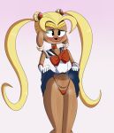  absurd_res anthro blonde_hair blush bodily_fluids bottomwear canid canine clothing clothing_lift cosplay disney ducktales_(2017) embarrassed female hair hi_res mammal sailor_moon_(series) skirt skirt_lift solo steam sweat tayronnebr underwear wavy_mouth 