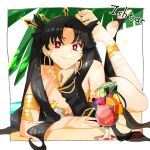  1girl armlet asymmetrical_legwear asymmetrical_sleeves bangs beach black_hair character_name chin_rest cocktail cocktail_glass commentary_request crossed_legs crown cup detached_sleeves drinking_glass earrings elbow_gloves fate/grand_order fate_(series) food fruit gloves hand_on_own_chin highres hoop_earrings iris_(tb33064667) ishtar_(fate)_(all) ishtar_(fate/grand_order) jewelry legs_together legs_up long_hair looking_at_viewer lying neck_ring on_stomach palm_leaf palm_tree parted_bangs red_eyes sand single_detached_sleeve single_elbow_glove single_sleeve single_thighhigh smile smug solo thighhighs tiara toeless_legwear tree two_side_up 