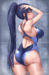  1girl absurdres alternate_hair_length alternate_hairstyle armpits ass back blue_hair blush breasts competition_swimsuit covered_nipples half-closed_eyes highres large_breasts nijisanji one-piece_swimsuit one_eye_closed ponytail shizuka_rin showering skysign_ft solo swimsuit 