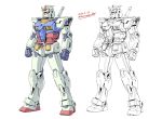  clenched_hands dated gundam highres kamizono_(spookyhouse) lineart mecha mobile_suit_gundam multiple_views no_humans rx-78-2 standing twitter_username white_background yellow_eyes 