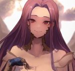  1girl breasts claws cleavage fate/grand_order fate_(series) gorgon gorgon_(fate) highres huge_breasts long_hair monster_girl purple_hair rider scales smile solo square_pupils upper_body vantsuki very_long_hair 