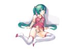  1girl absurdres arm_support disembodied_limb fingering full_body green_eyes green_hair hand_in_panties hands hatsune_miku highres leaning_back long_hair no_pants panties panty_pull print_panties pulled_by_another red_shirt shirt simple_background sitting solo t-shirt thighhighs thighs twintails underwear vocaloid white_background white_legwear white_panties zhongye_yu 