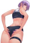  1girl arms_behind_back ass back black_buruma buruma closed_mouth commentary commentary_typo cowboy_shot crop_top eyebrows_visible_through_hair fate/grand_order fate_(series) from_behind from_below hair_between_eyes lips looking_at_viewer maki_tatsuki mash_kyrielight purple_eyes purple_hair short_hair simple_background sleeveless solo sweat sweatdrop tan tanline thigh_strap thighs track_uniform white_background 