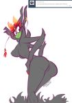  absurd_res aku black_body breasts butt claws demon english_text female fire green_body hi_res horn humanoid open_mouth open_smile samurai_jack simple_background smile solo standing teeth text vipery-07 white_background 
