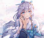  1boy 1girl aqua_bow artist_name blue_eyes blue_ribbon blurry blush bow captain_(honkai_impact) commentary crying crying_with_eyes_open dated depth_of_field earrings eyebrows_visible_through_hair feather_fan hair_ornament hair_stick hairclip hand_on_another&#039;s_cheek hand_on_another&#039;s_face holding_hand honkai_(series) honkai_impact_3rd jewelry long_hair long_sleeves looking_at_viewer pov pov_hands ribbon silver_hair smile solo_focus tears theresa_apocalypse theresa_apocalypse_(starlit_astrologos) upper_body very_long_hair wide_sleeves zhandou_greymon 