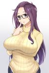  1girl absurdres arm_under_breasts bangs_pinned_back black-framed_eyewear breasts commentary_request finger_to_cheek glasses highres index_finger_raised kagamihara_sakura large_breasts long_hair masegohan open_mouth purple_eyes purple_hair ribbed_sweater sidelocks sweater turtleneck turtleneck_sweater yellow_sweater yurucamp 