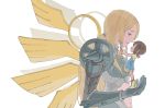  2girls angel_wings armor bangs blonde_hair breastplate breasts brown_eyes brown_hair digimon digimon_adventure drop_shadow from_side full_body gauntlets golden_wings green_armor hair_between_eyes highres holding_person large_breasts long_hair looking_at_another multiple_girls navel navel_cutout no_headwear no_helmet nose ophanimon overall_shorts parted_lips pink_scarf profile purple_legwear scarf shirt shoes short_hair shoulder_armor sidelocks simple_background size_difference smile socks spikes standing tantanmen tiptoes upper_body very_long_hair whistle whistle_around_neck white_background wings yagami_hikari yellow_footwear yellow_shirt 