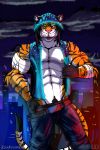  abs anthro body_hair city clothing cyberpunk felid happy_trail hi_res hoodie iudicium86 male mammal muscular nipple_piercing nipples pantherine pecs piercing pubes science_fiction solo tiger topwear 