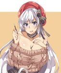  aran_sweater azur_lane belfast_(azur_lane) belfast_(shopping_with_the_head_maid)_(azur_lane) beret border brown_sweater choker earrings food food_between_breasts hat highres holding holding_food holding_pocky hoop_earrings jewelry long_hair off-shoulder_sweater off_shoulder olly_(ollycrescent) orange_background pocky purple_eyes red_headwear red_nails sweater white_border white_hair 