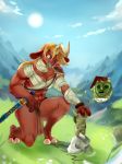 absurd_res after_transformation animal_humanoid anthro bandaged_arm bandaged_chest blin_(tloz) blonde_hair blue_eyes breath_of_the_wild clothing hair hi_res humanoid hyrule korok link loincloth male mammal mammal_humanoid master_sword melee_weapon moblin monster muscular nintendo pig_humanoid pig_nose psibunny suid suid_humanoid suina suina_humanoid surprise sword the_legend_of_zelda video_games weapon 