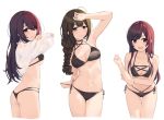  3girls :d ahoge arm_under_breasts arm_up ass bikini black_bikini braid breasts brown_hair cowboy_shot eyebrows_visible_through_hair gin00 hair_over_one_eye hair_over_shoulder halterneck idolmaster idolmaster_shiny_colors kuwayama_chiyuki large_breasts long_hair looking_at_viewer medium_breasts multi-strapped_bikini multiple_girls oosaki_amana oosaki_tenka open_mouth red_hair shirt_lift siblings side-tie_bikini sidelocks simple_background single_braid sisters smile swimsuit twins white_background 