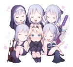  6+girls absurdres ak-12_(girls_frontline) alternate_costume an-94_(girls_frontline) bangs black_ribbon blonde_hair blue_eyes blush braid chibi closed_eyes closed_mouth dress eyebrows_visible_through_hair french_braid full_body girls_frontline gloves hair_ornament hairband highres jacket long_hair long_sleeves looking_at_another multiple_girls nun open_mouth ponytail ribbon sidelocks silver_hair simple_background sitting smile tori_(user_hghr2284) very_long_hair 