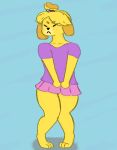  3_toes animal_crossing anonymous_artist anthro blush bottomwear clothing covering covering_self embarrassed female isabelle_(animal_crossing) miniskirt nintendo nintento shy skirt solo toes video_games 