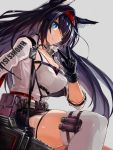  1girl animal_ears arknights bangs belt black_gloves black_hair blaze_(arknights) blue_eyes breasts cat_ears chainsaw commentary_request edobox gloves grey_background hairband large_breasts long_hair long_sleeves looking_at_viewer pouch red_hairband simple_background sitting skindentation smile tank_top thigh_strap thighhighs thighs very_long_hair w white_legwear white_tank_top 