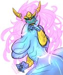  anthro anthrofied aurelion_sol_(lol) blue_body blue_eyes breasts claws dragon fangs female hair hi_res league_of_legends open_mouth pink_hair riot_games simple_background solo video_games vipery-07 white_background 