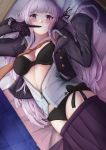  1girl black_bra bra braid breasts danganronpa danganronpa_1 gloves highres ippers jacket kirigiri_kyouko large_breasts long_hair lying on_back open_clothes open_jacket orange_neckwear underwear zipper zipper_pull_tab 