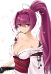  1girl alternate_costume breasts chaesu cleavage collarbone eyebrows_visible_through_hair hair_between_eyes hair_intakes hair_ribbon hand_on_hilt highres long_hair looking_at_viewer medium_breasts no_bra obi off-shoulder_kimono ootachi petals ponytail purple_hair red_eyes ribbon sash scabbard sheath sheathed solo under_night_in-birth yuzuriha_(under_night_in-birth) 