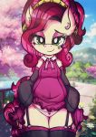  &lt;3 canvy_(artist) cherry_jubilee_(mlp) clothing clothing_lift detailed_background dress dress_lift equid equine female friendship_is_magic garter_straps green_eyes hair hasbro hi_res legwear looking_at_viewer mammal mature_female my_little_pony outside panties red_hair smile thigh_highs underwear 