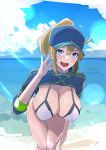  1girl absurdres ahoge artoria_pendragon_(all) aya_(user_ddya7452) baseball_cap beach bent_over bikini blonde_hair blue_eyes blue_headwear blue_jacket blue_sky blush breasts cleavage cloud commentary_request cropped_jacket fate/grand_order fate_(series) hair_between_eyes hair_through_headwear hanging_breasts hat highres jacket large_breasts lens_flare mysterious_heroine_xx_(foreigner) ocean open_mouth outdoors ponytail sand shore sky swimsuit water white_bikini 