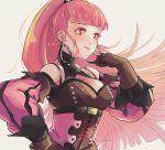  1girl brown_gloves closed_mouth earrings fire_emblem fire_emblem:_three_houses gloves hilda_valentine_goneril jewelry long_hair misokatsuhaumai pink_eyes pink_hair ponytail simple_background solo upper_body 