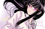  1girl black_hair character_name collared_shirt commentary copyright_name dated glasses himawari-san himawari-san_(character) lips long_hair looking_at_viewer pink_lips purple_eyes red-framed_eyewear shirt solo sugano_manami translation_request upper_body white_shirt 