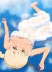  1girl bangs bare_shoulders barefoot blonde_hair blunt_bangs blush breasts breasts_apart brown_eyes capitan_(tsyoujo) cloud collarbone covered_navel day dress eyebrows_visible_through_hair frilled_dress frills from_above hand_up highres large_breasts looking_at_viewer looking_up lying no_bra on_back original outdoors panties parted_lips partially_submerged reflection see-through shiny shiny_skin sidelocks sleeveless sleeveless_dress solo strap_slip taut_clothes taut_dress twintails underwear upside-down water water_drop wet wet_clothes wet_dress white_dress 