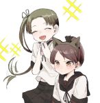  2girls animal_ears ayanami_(kantai_collection) black_neckwear black_skirt blush brown_hair cat_ears closed_eyes closed_mouth expressive_hair fake_animal_ears hair_ribbon hands_together kantai_collection long_hair multiple_girls open_mouth pleated_skirt ponytail remodel_(kantai_collection) ribbon sailor_collar school_uniform serafuku shikinami_(kantai_collection) short_sleeves side_ponytail simple_background skirt sparkle tori_knkr white_background 