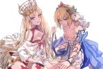  2girls absurdres argyle_cutout bangs bare_shoulders blonde_hair blue_cape blue_ribbon breasts cape cleavage collarbone crown dress europa_(fate/grand_order) europa_(granblue_fantasy) fate/grand_order fate_(series) flower granblue_fantasy hair_flower hair_ornament highres large_breasts long_hair long_sleeves looking_at_viewer multiple_girls off-shoulder_dress off_shoulder panties purple_eyes red_panties ribbon short_hair smile thighhighs tiara tsengyun underwear very_long_hair white_dress 