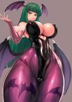  animal_print bat_print bat_wings breasts bridal_gauntlets cleavage covered_navel covered_nipples cowboy_shot demon_girl green_eyes green_hair head_wings heart_cutout highleg highleg_leotard impossible_clothes large_breasts leotard long_hair morrigan_aensland pantyhose print_legwear purple_legwear purple_wings rindou_(radical_dream) shiny shiny_clothes skin_tight succubus thick_thighs thighs thong_leotard vampire_(game) wide_hips wings yellow_eyes 