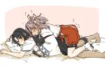  2girls bed black_hair blush closed_eyes ear_blush hachimaki hair_ribbon hakama_pants headband high_ponytail hinata_hibari japanese_clothes kantai_collection light_brown_hair long_hair low-tied_long_hair lying_on_person multiple_girls on_bed pillow pink_ribbon ribbon shouhou_(kantai_collection) zuihou_(kantai_collection) 