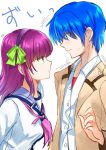  1boy 1girl angel_beats! bangs blazer blue_eyes blue_hair blue_sailor_collar blunt_bangs blush closed_mouth collared_shirt dress_shirt eye_contact eyebrows_visible_through_hair green_eyes hairband highres hinata_(angel_beats!) jacket leaning_forward long_hair looking_at_another open_blazer open_clothes open_jacket pink_neckwear profile purple_hair purple_hairband sailor_collar sailor_shirt shinda_sekai_sensen_uniform shiny shiny_hair shirt sketch sweatdrop upper_body white_shirt wing_collar yuri_(angel_beats!) zuzuhashi 