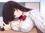  1girl bangs black_hair blush breasts brown_eyes cleavage closed_mouth cocq_taichou collared_shirt dress_shirt head_tilt large_breasts long_hair long_sleeves looking_at_viewer open_clothes open_shirt original outstretched_arm shirt smile white_shirt 