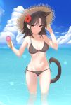  1girl absurdres adjusting_clothes adjusting_hat alan_(acealan5) animal_ears arknights bangs bare_arms bare_shoulders bikini black_bikini black_hair blue_sky breasts brown_eyes cat_ears cat_tail cloud commentary day eyebrows_visible_through_hair feet_out_of_frame flower food groin hair_flower hair_ornament hands_up hat hibiscus highres holding holding_food ice_cream long_hair looking_at_viewer medium_breasts navel outdoors red_flower side-tie_bikini sky skyfire_(arknights) smile solo standing stomach sun_hat swimsuit tail thighs wading water 
