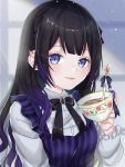  1girl black_bow black_hair blue_eyes blurry blurry_background bow copyright_request cup ear_piercing gradient_hair highres holding holding_cup indoors looking_at_viewer masyu_jyaga multicolored_hair piercing purple_hair solo spoon teacup two-tone_hair upper_body 